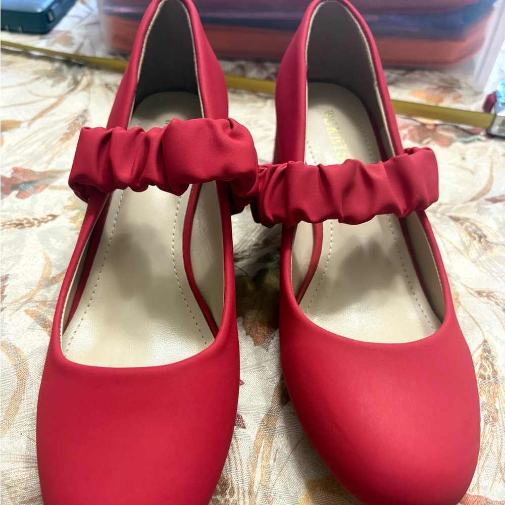 Red Mary Jane Pumps with Ruched Strap